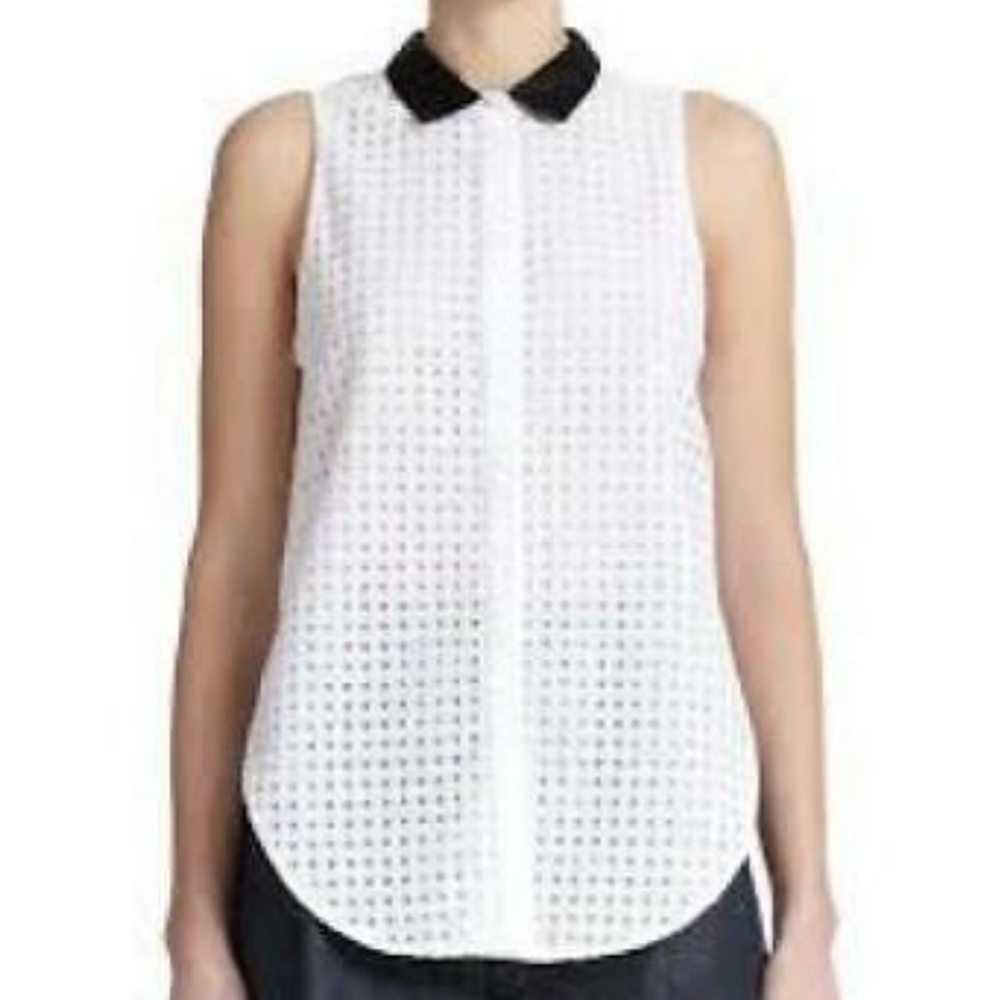 GIAMBA Women's Black Collared White Eyelet Blouse